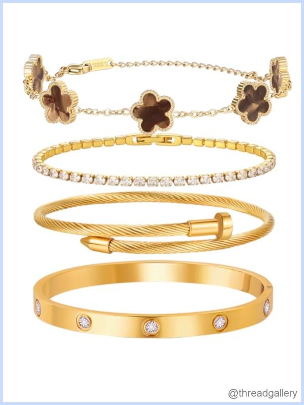 4-Piece 18K Gold Plated Bangle Bracelet Stack for Women - Floral Clover,